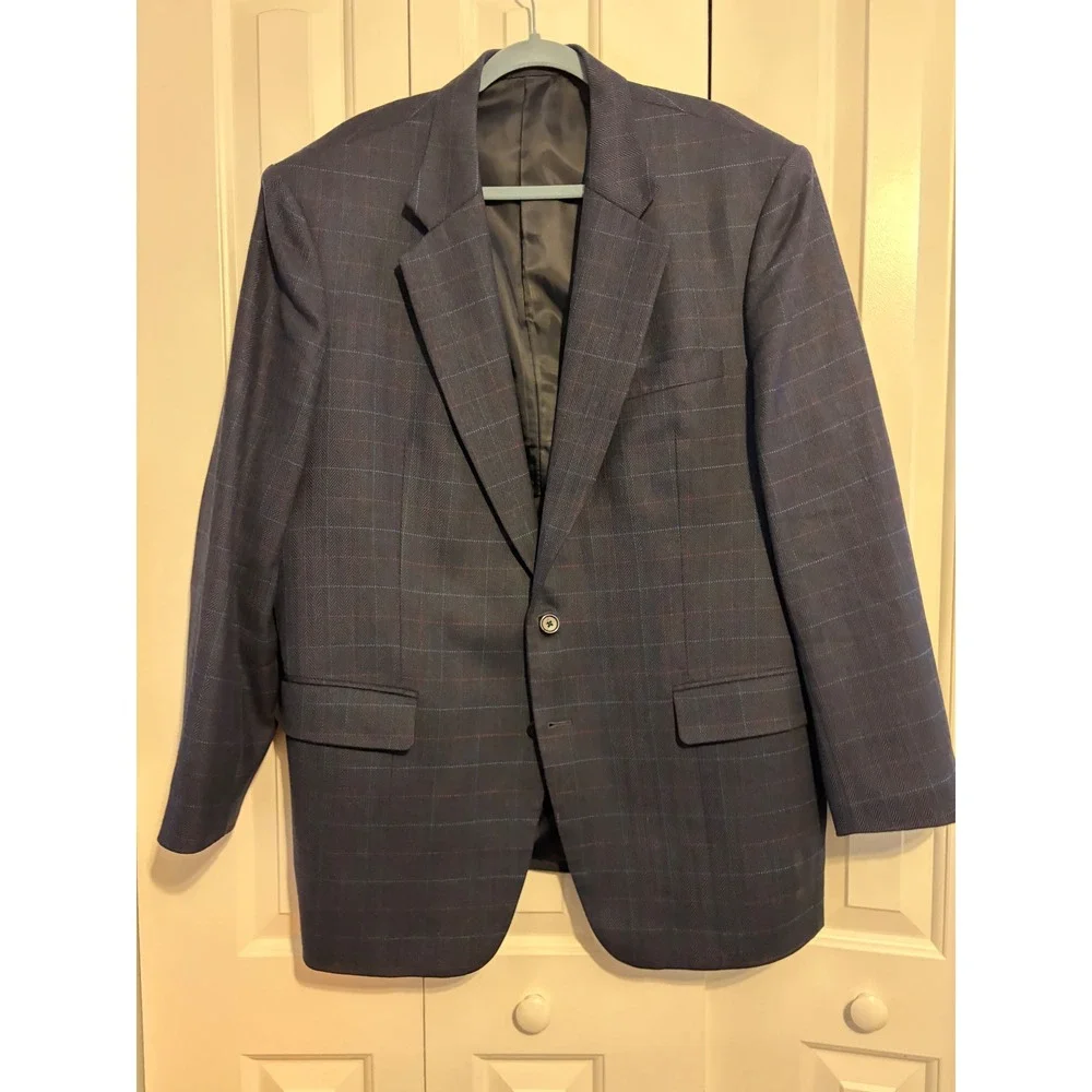 Mens Plaid Blazer Navy Blue Multi Color Check Wool Blend Sport Coat Tailored Fit